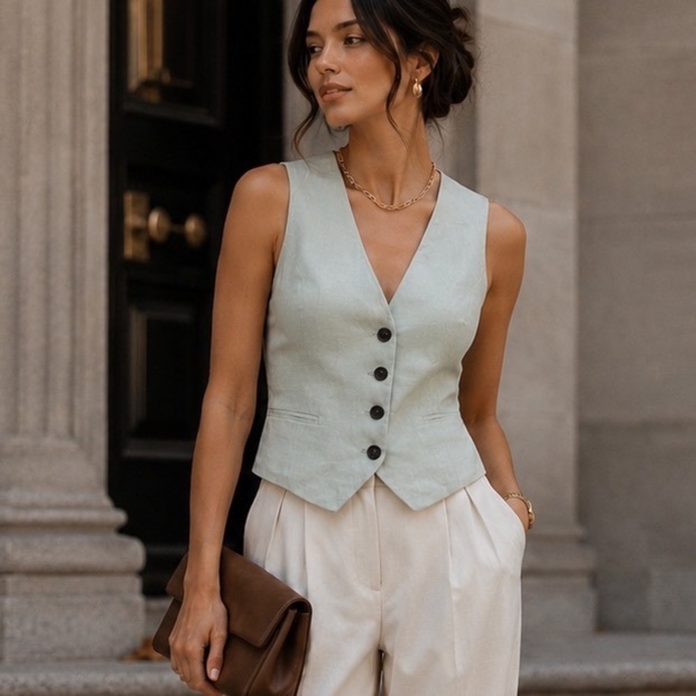 Rag & Bone Priya Linen Vest Mint Green Button V-Neck Tailored Quiet Luxury 4 NEW